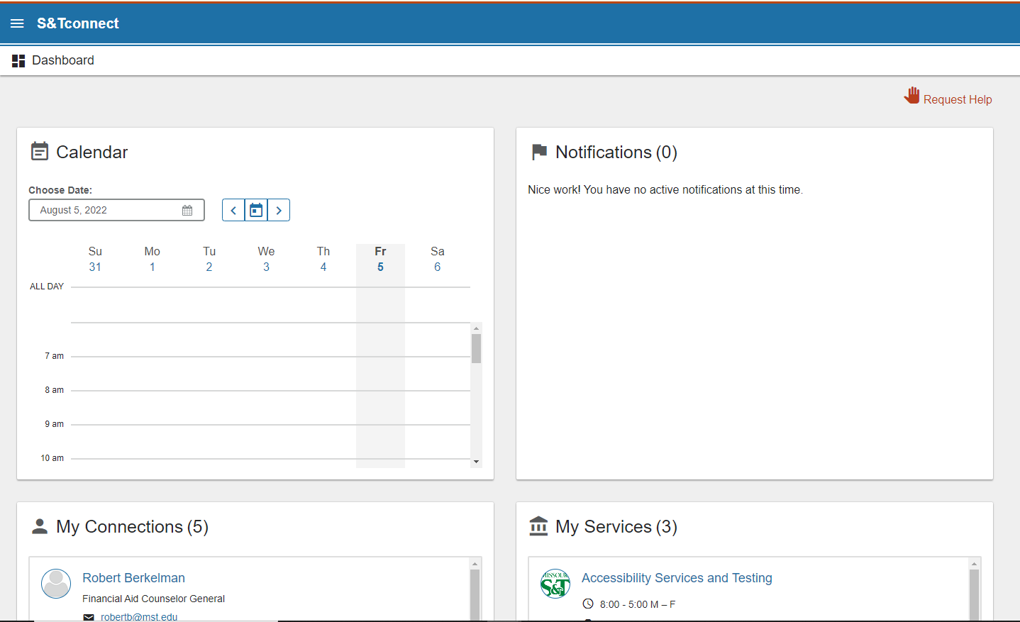 Image of Student Dashboard with calendar, notifications, services tabs.